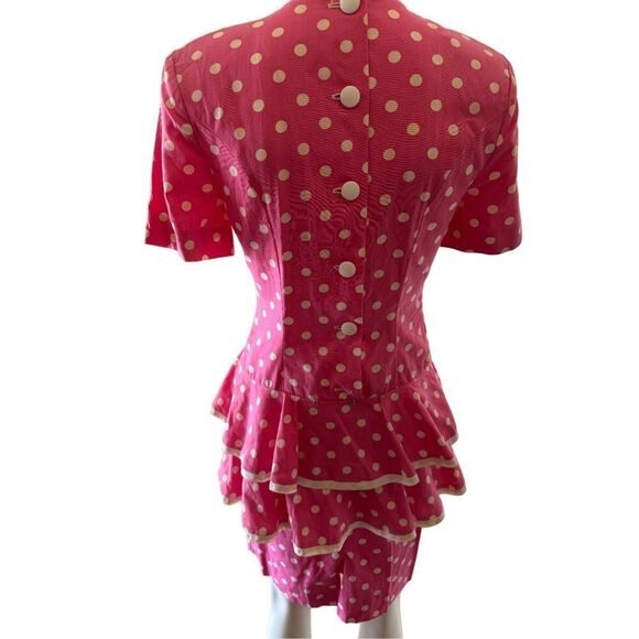 women’s XS hot pink white polka dot skirt set vintage 80s peplum blouse mini pen - Picture 4 of 7